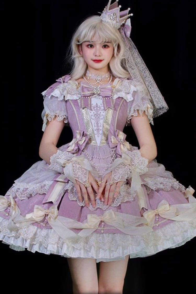 Purple Girls' Day Short Sleeves Multi-Layered Ruffle Bowknot Lace Sweet Lolita Dress 2 Versions