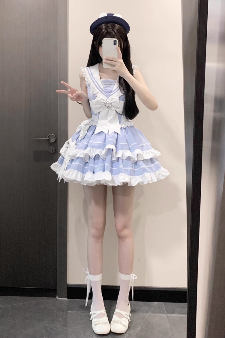 Light Blue Navy Style Sleeveless Double Layer Ruffle Bowknot Lace Sweet Lolita Dress