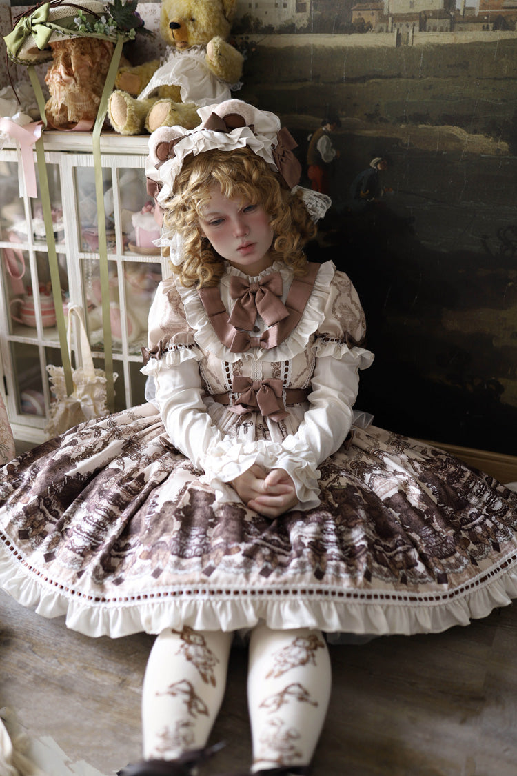 Brown Teddy Bear Party Round Collar Short Sleeves Printed Ruffled Bow Daily Sweet Lolita Dress
