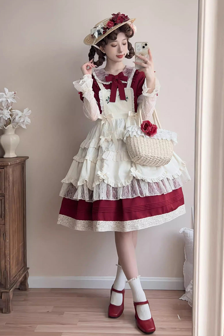 Red Mist over Flowers Along the Path Lapel Collar Long Sleeves Embroidery Bowknot Lace Sweet Lolita Dress