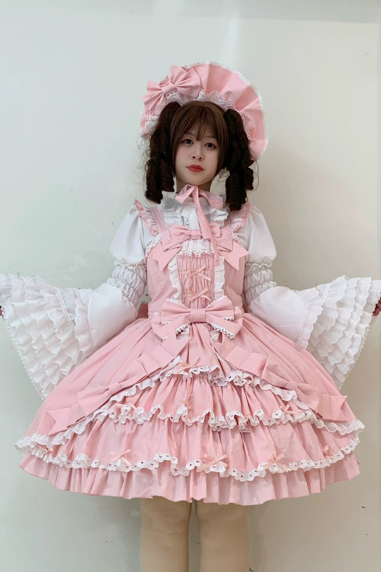 Grisha Sleeveless Triple-Layered Ruffle Cardigan Bowknot Lace Sweet Plus Size Lolita Jsk Dress 3 Colors