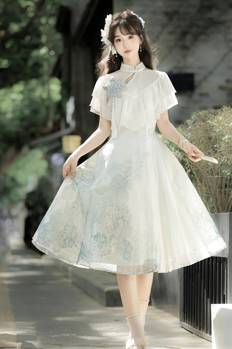 White Hydrangea Message Short Sleeves Print Ruffle Lace Sweet Chinese Style Elegant Lolita Short Dress
