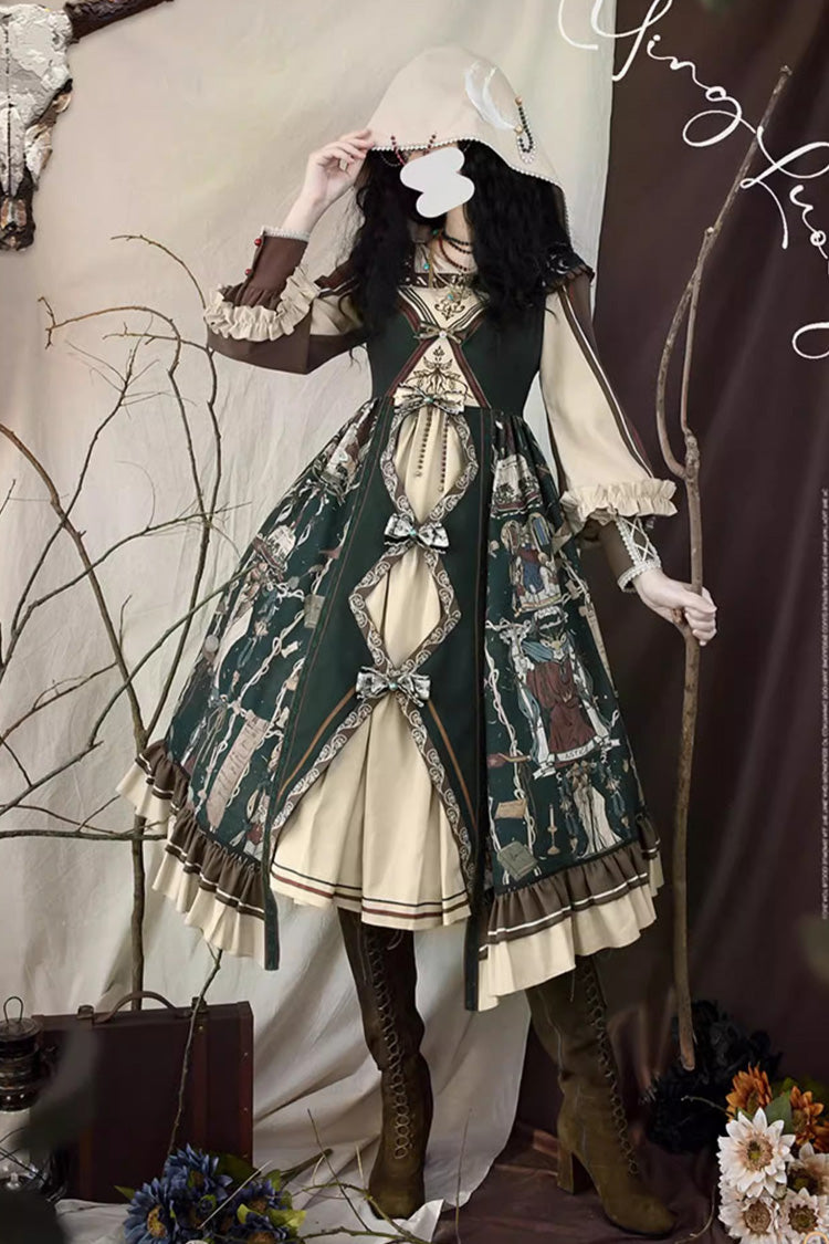 Dark Green Tarot Print Long Puff Sleeves Ruffle Bowknot Ripped Sweet Elegant Lolita Dress