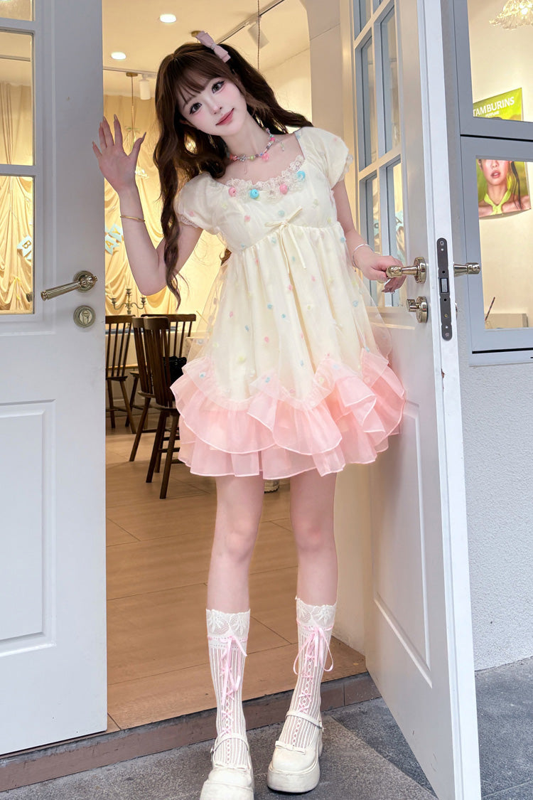 Apricot/Pink Bubble Lover Short Puff Sleeves Multi-Layered Ruffle Lace Sweet Princess Lolita Dress
