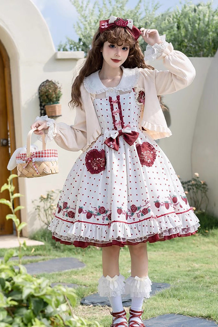 White Strawberry Diary Print Ruffle Bowknot Sweet Lolita Jsk Dress