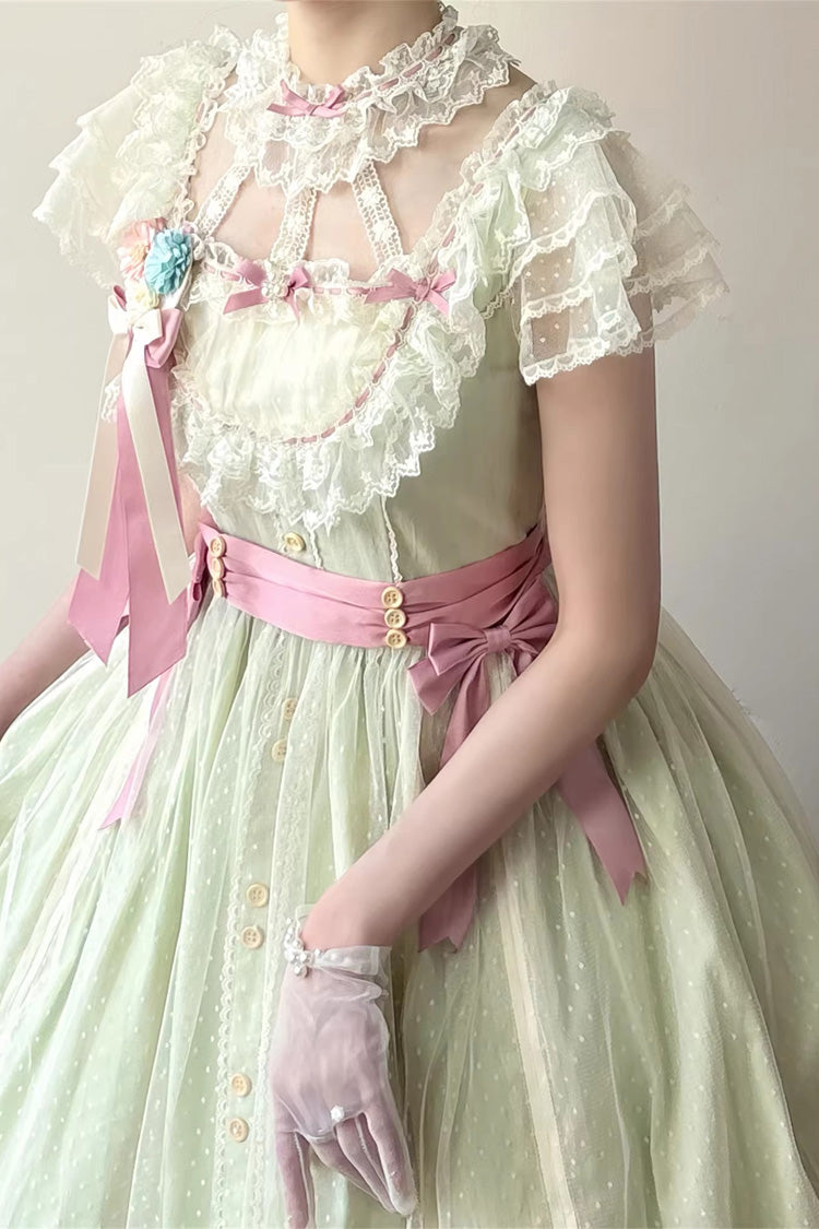 Green Sakura's Spring Resonance Sleeveless Ruffled Bow Sweet Lolita Jsk Dress (Long Version)