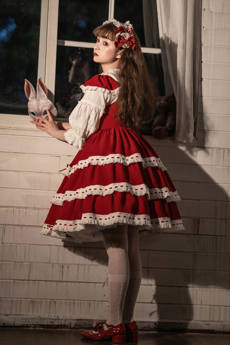 Red Antique Dolls Triple-Layered Bowknot Sweet Lolita Jsk Dress