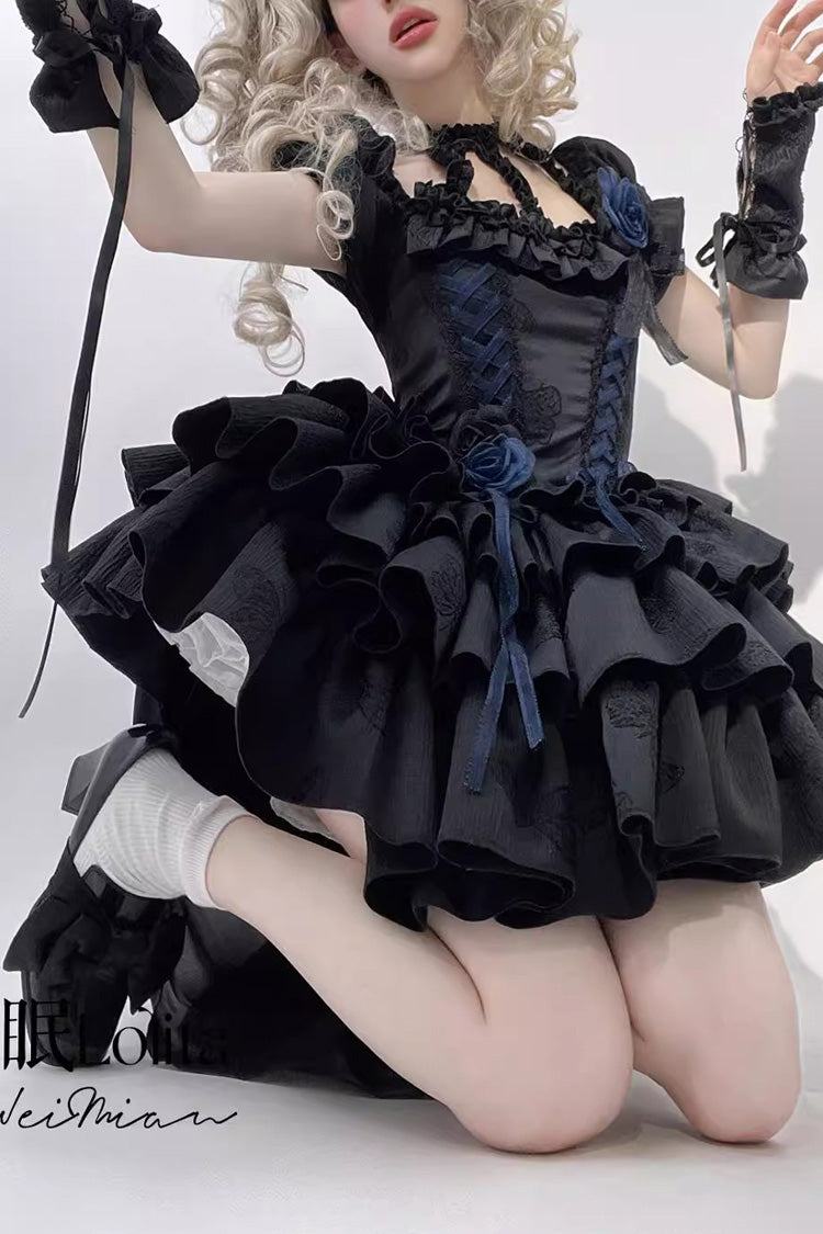 Black Halterneck Short Sleeves Multi-Layered Ruffle Bowknot Lace-Up Fishbone Gothic Lolita Dress