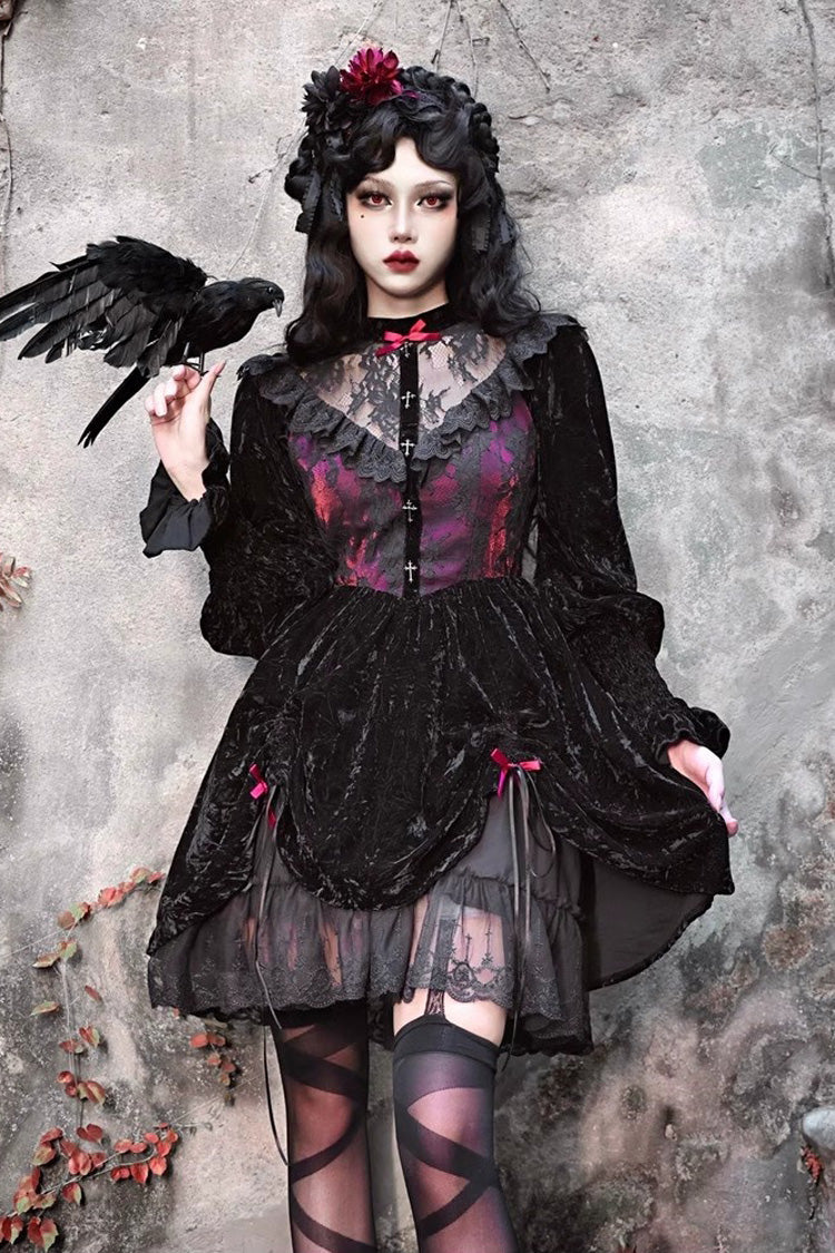 Black/Red Rose Cemetery Long Puff Sleeves Hollow Lace Gothic Lolita Dress