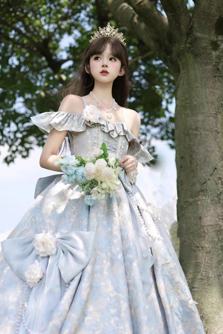 Off Shoulder Print Hanayome Embroidery Bowknot Sweet Princess Lolita Dress 2 Colors
