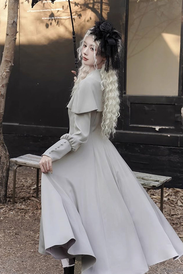 Grey Thirteenth Evening Long Sleeves Slim Gothic Elegant Lolita Dress