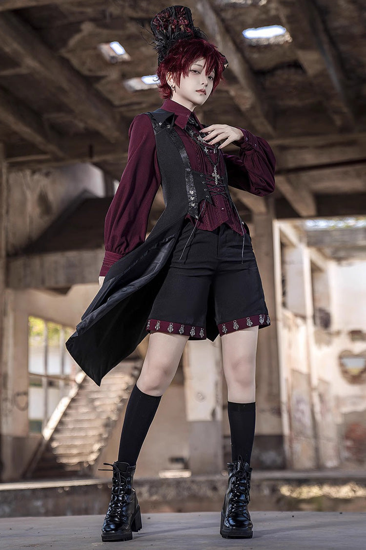 Black Lace-Up Slim Gothic Vintage Prince Ouji Lolita Long Vest