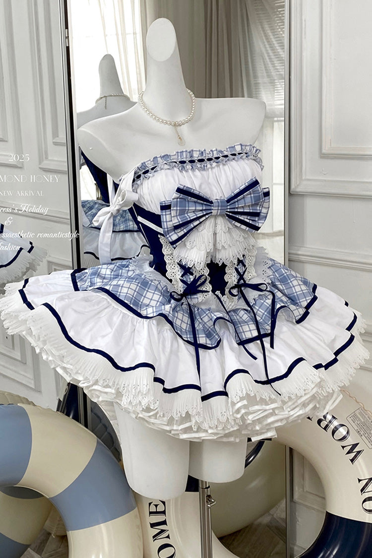Blue/White Sailing Love Navy Collar Sleeveless Plaid Print Ruffle Bowknot Sweet Lolita Dress