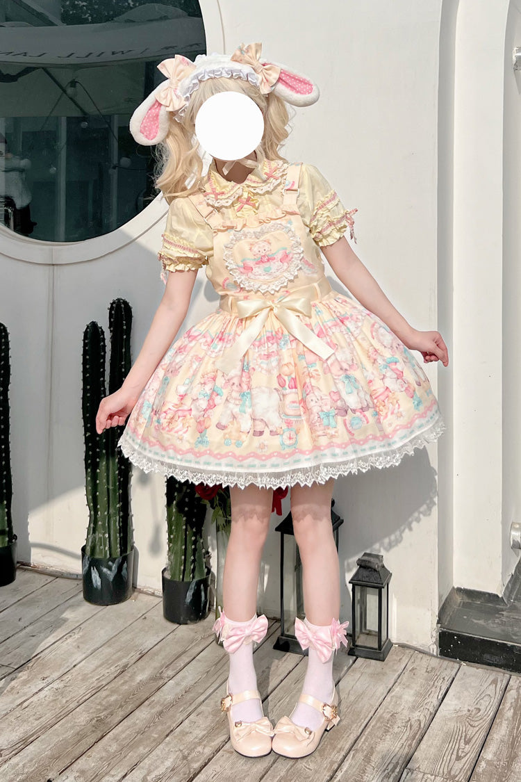 Yellow Sheep's Party Print Bowknot Stitching Lace Sweet Lolita Strap Dress