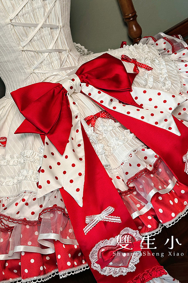 Red/White Twin Bears Sleeveless Triple-Layered Print Ruffle Bowknot Lace Sweet Lolita Jsk Dress