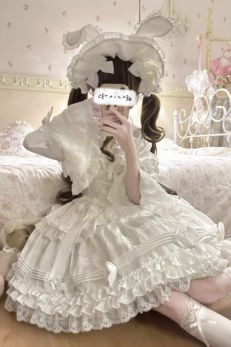 White Layered Buttercream Frosting Short Sleeves Ruffle Bowknot Lace Sweet Lolita Dress