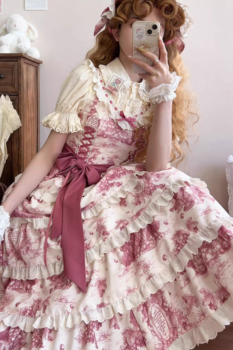 Rose Red Grape Moon Almanac Sleeveless Multi-Layered Printed Ruffled Bow Adjustable-Length Sweet Lolita Jsk Dress