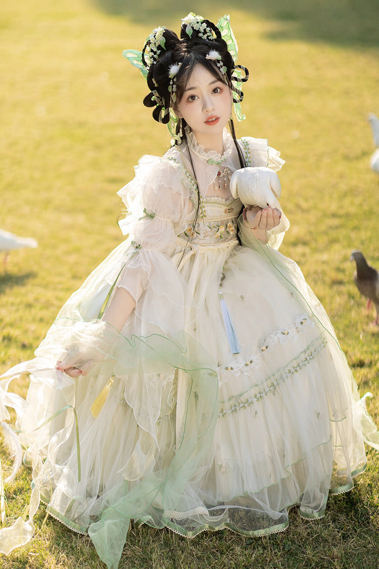 Ivory Luo Ling Fu Ruffle Embroidery Bowknot Lace Sweet Chinese Style Lolita Jsk Dress