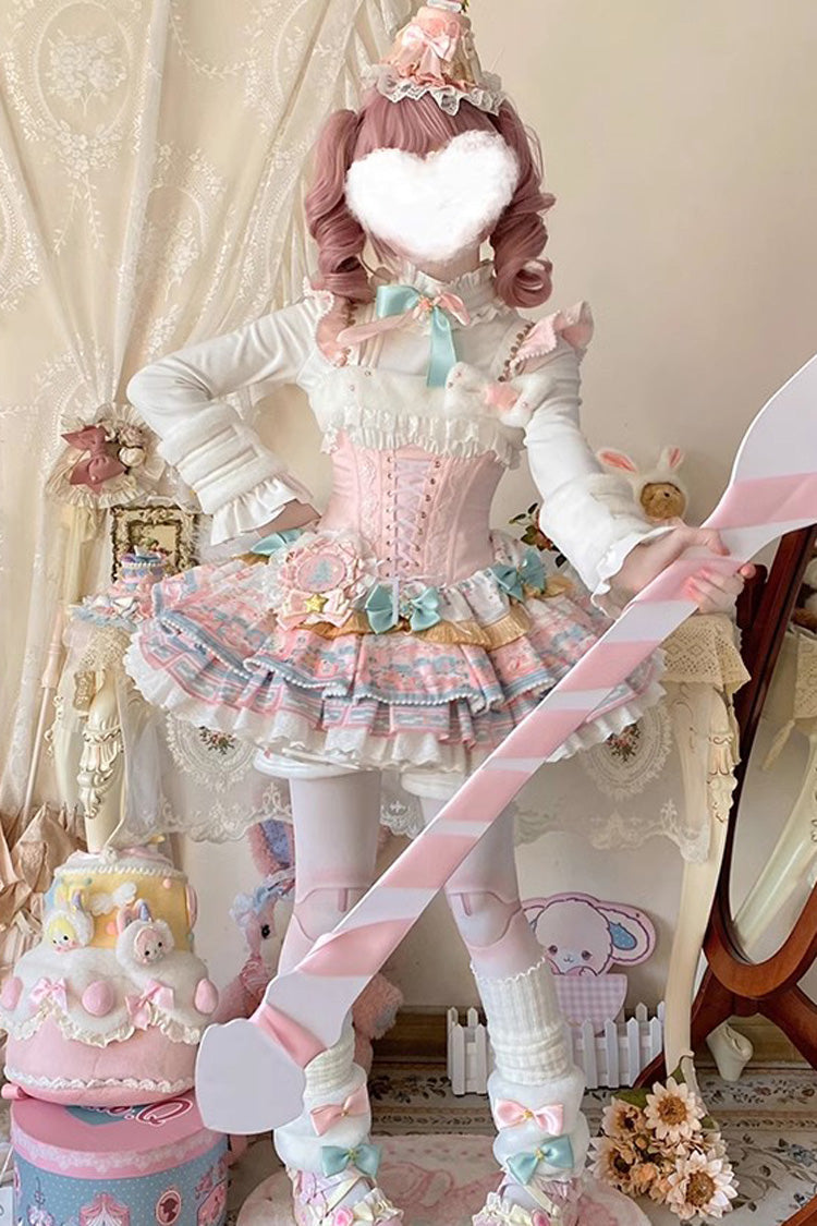 Pink Candy House Multi-Layered Print Ruffle Bowknot Lace-Up Sweet Ballet Lolita Jsk Dress