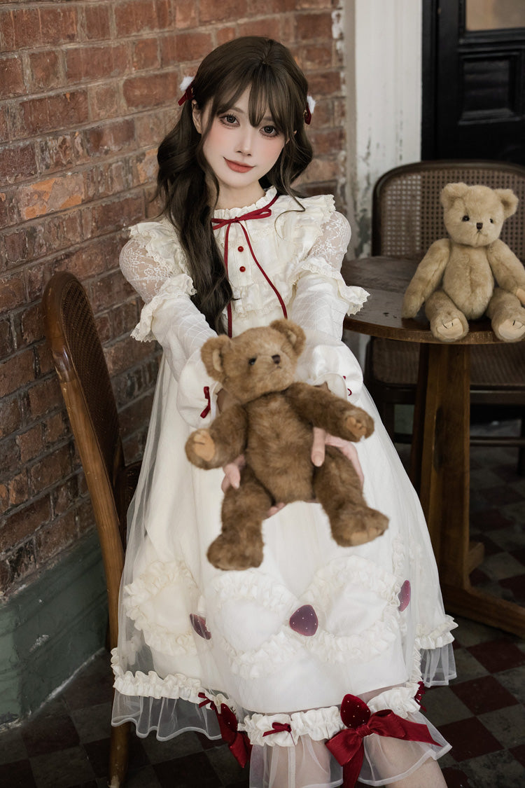 Ivory Strawberry Cream Cake Stand Collar Long Sleeves Ruffled Bow Lace Sweet Lolita Dress