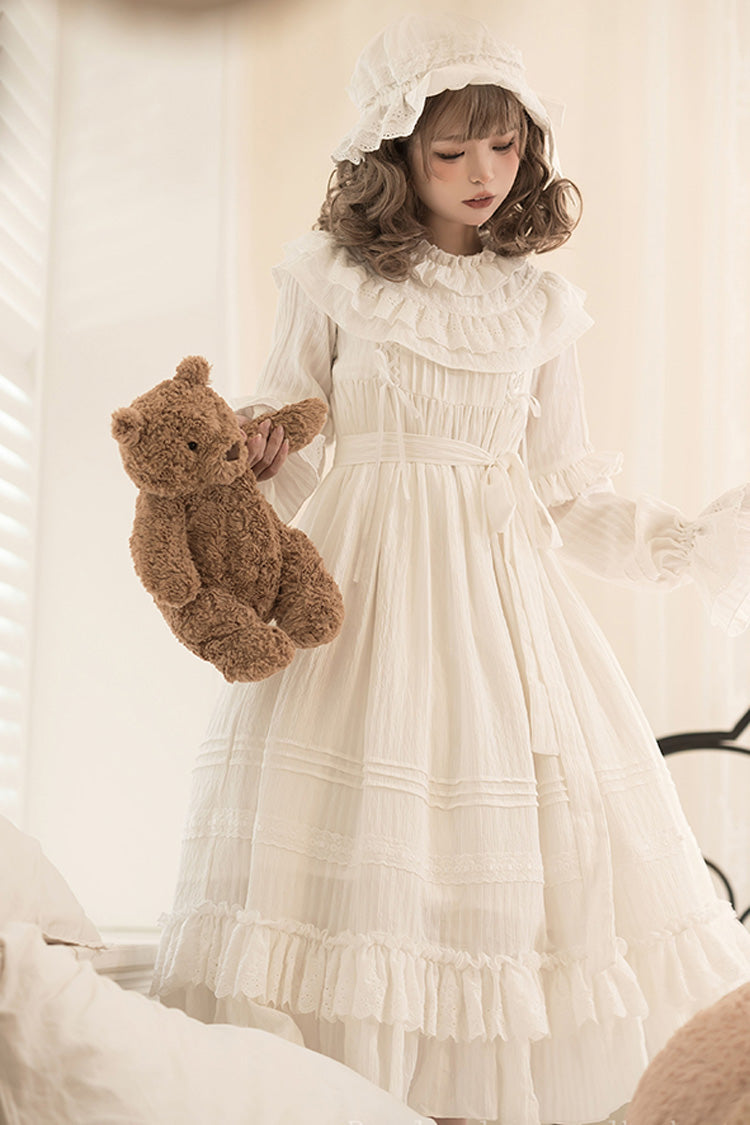 White Good Night Long Sleeves Double-Layered Ruffle Bowknot Lace-Up Holy Sweet Lolita Dress