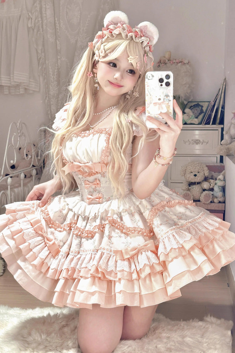Floral Print Multi-layer Ruffle Bowknot Lace Sweet Lolita Tiered Dress 2 Colors