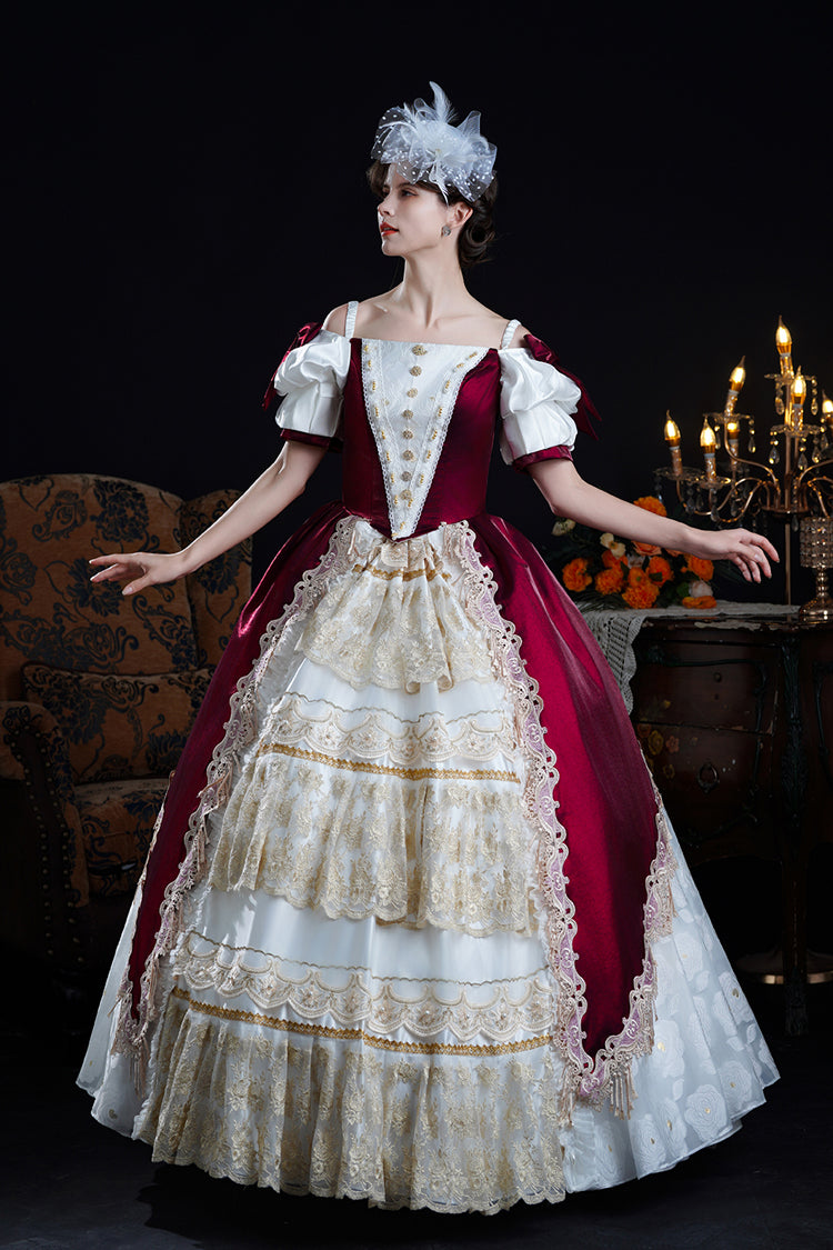 Red/Apricot Off Shoulder Short Sleeves Ruffle Cardigan Bowknot Lace Classic Princess Palace Lolita Victorian Dress