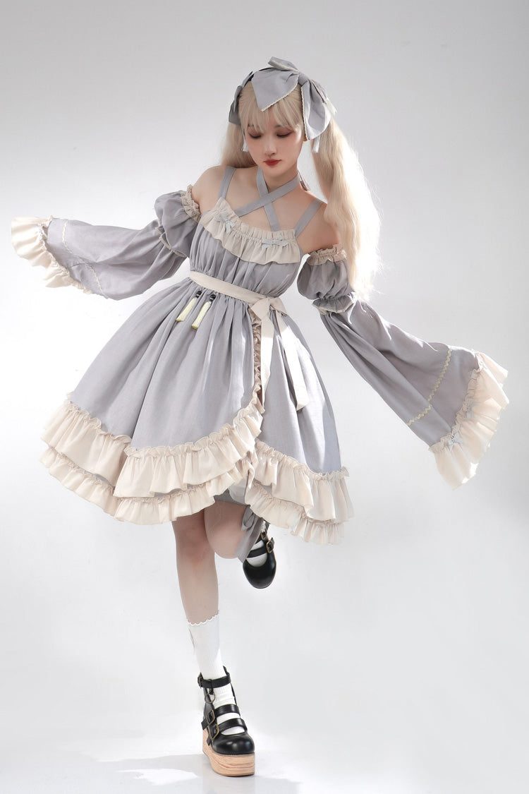 Grey Monet Estate Sleeveless High Waisted Ruffle Bowknot Asymmetric Sweet Lolita Jsk Dress