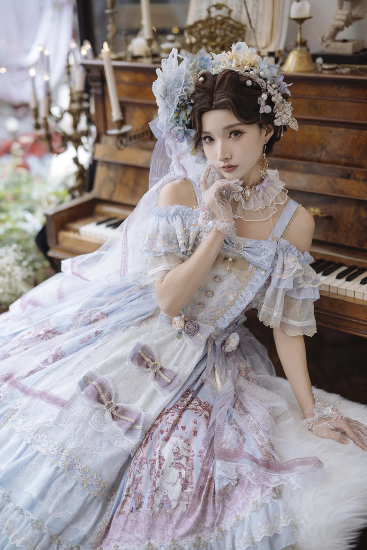 Blue Moonlight Melody Off Shoulder Sleeveless Multi-Layered Hanayome Open-Front Bow Lace Sweet Gorgeous Lolita Jsk Dress Set