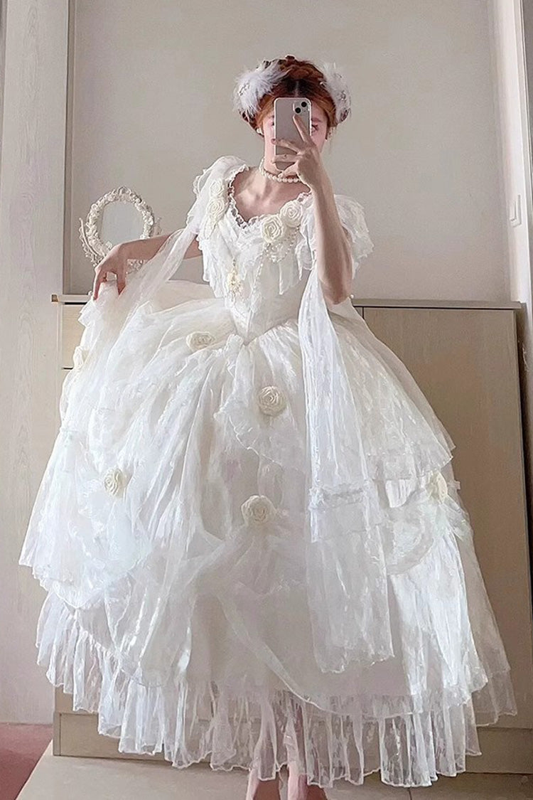 White Tana Manor Rose Flower Long Sleeves Ruffle Bowknot Elegant Sweet Princess Lolita Strapless Dress