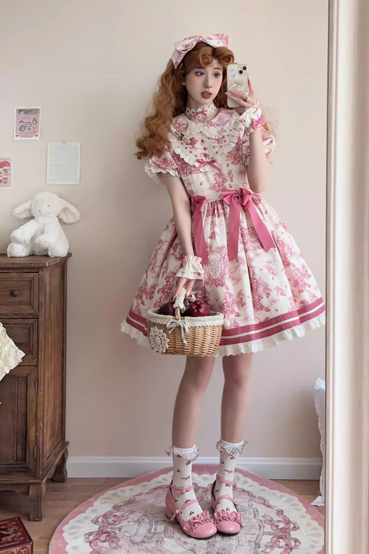 Rose Red Grape Moon Almanac Short Sleeves Multi-Layered Printed Ruffled Bow Sweet Lolita Dress