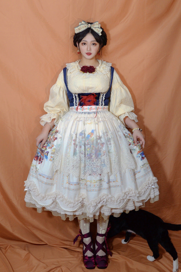 Ivory Ode to Plenty Berries and Birds Print Ruffle Bowknot Velvet Classic Lolita Breast Support Jsk Dress
