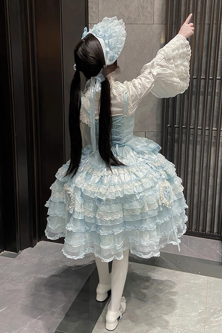 Blue Sweetheart Diary Multi-Layered Ruffle Hanayome Embroidery Bowknot Lace Sweet Lolita Jsk Dress
