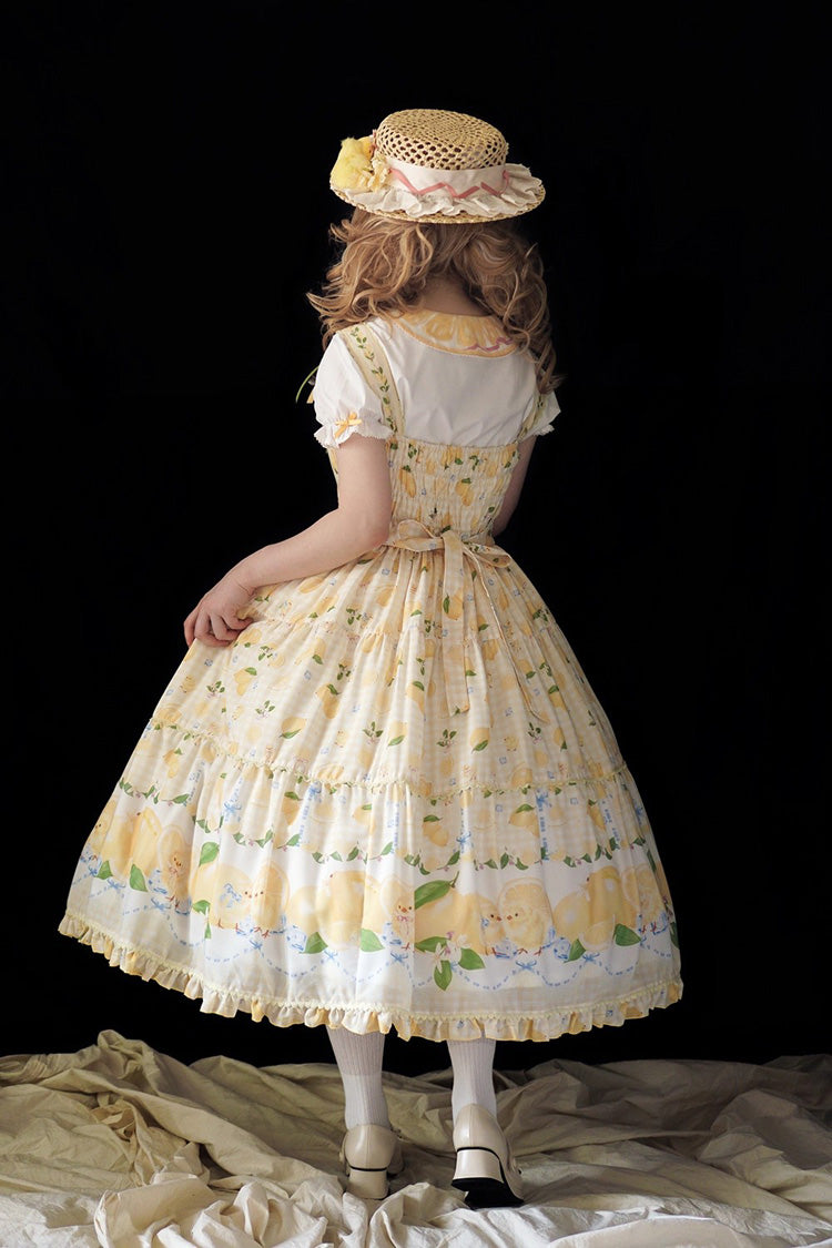 Yellow Lemon Chicken Print Ruffle Bowknot Lace Sweet Lolita Jsk Long Dress