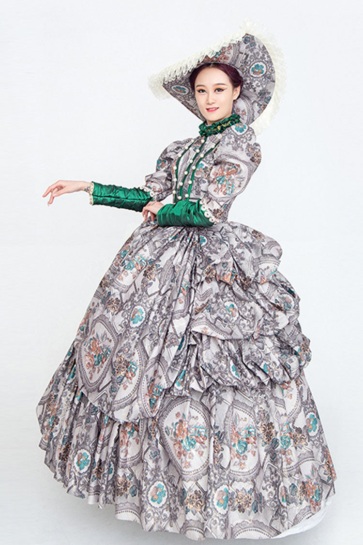 Gray Long Sleeves High Collar Embroidery Floral Print Wave Fold Victorian Lolita Prom Dress