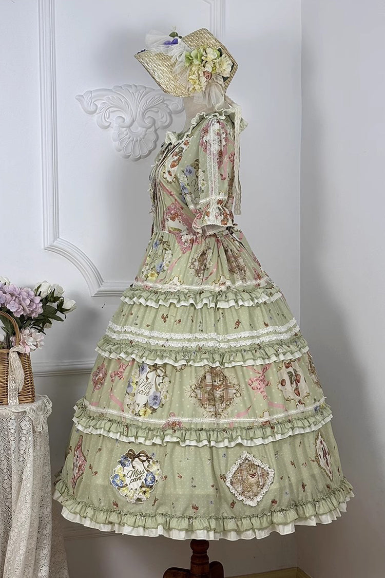 Green Cat Rose Tea Short Sleeves Print Ruffle Cardigan Bowknot Sweet Gorgeous Lolita Dress