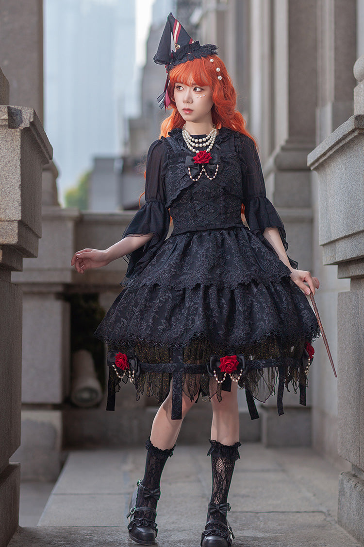 Black Apprentice Witch Double-Layered Ruffle Lace Gothic Lolita Skirt