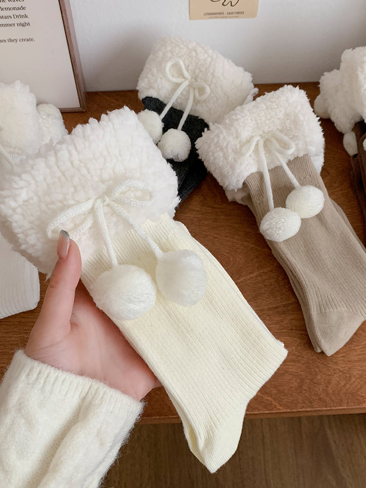 Lolita Stockings Lace Hairball Lolita Socks Women's Autumn and Winter Cotton Bow Socks Lolita Japanese Lolita Accessories