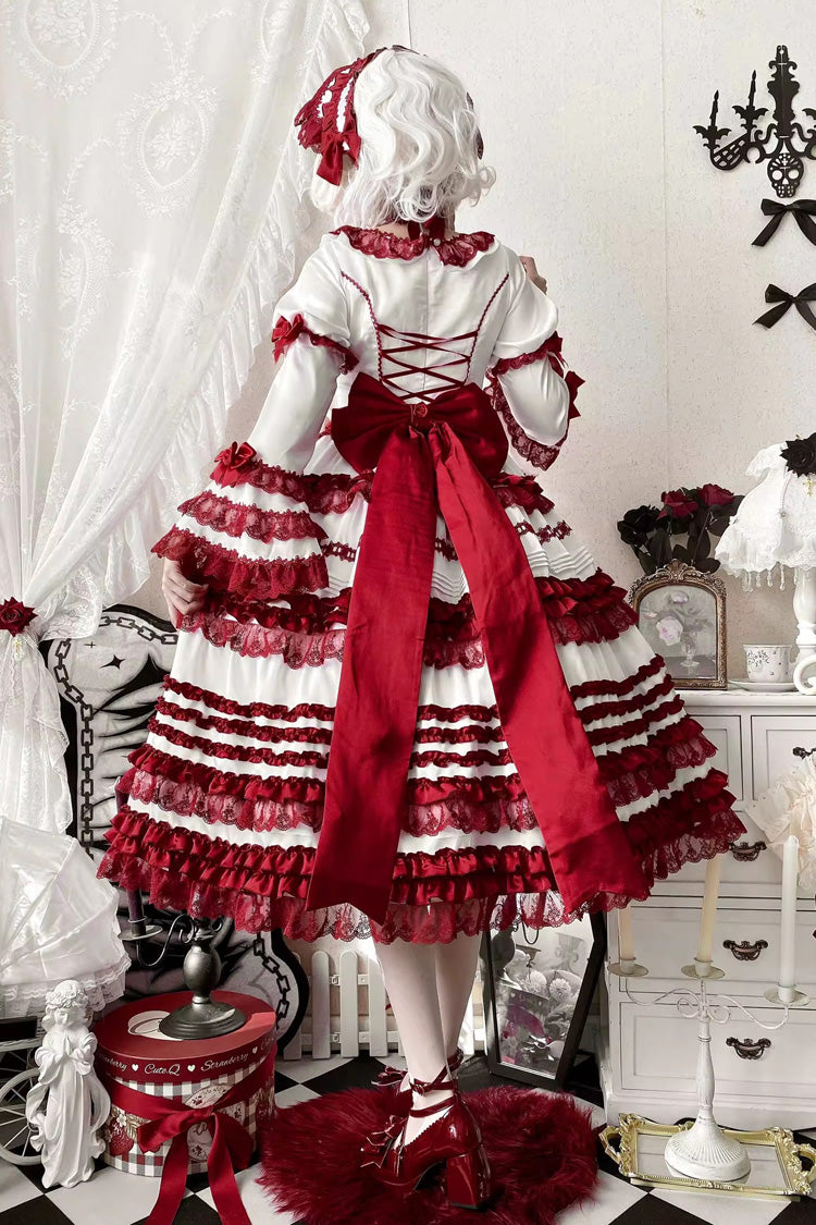 White/Red Layered Red Velvet Short Sleeves Ruffle Bowknot Lace Sweet Lolita Dress