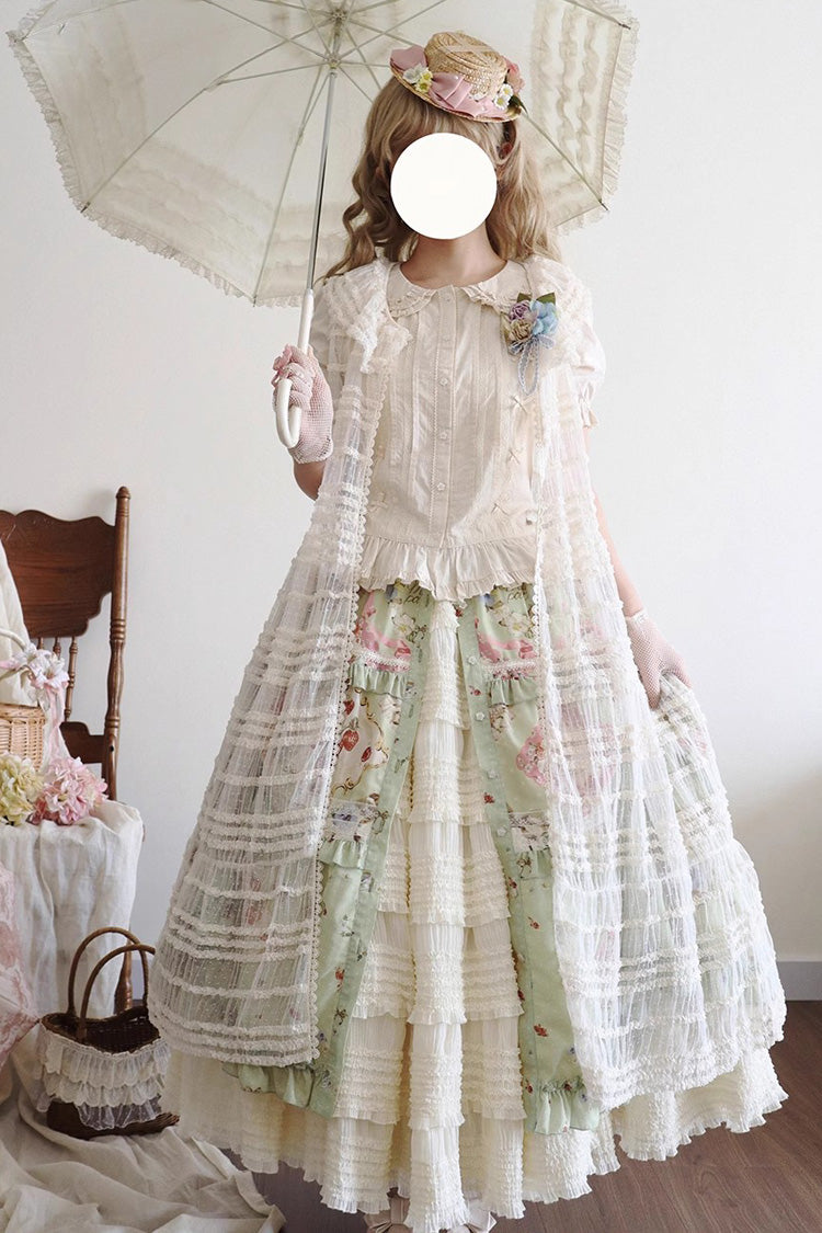Green Cat Rose Tea Print Ruffle Daily Sweet Lolita Skirt