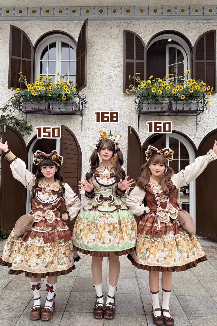 Green Squirrel Chocolate Shop Sleeveless Printed Ruffled Bow Sweet Lolita JSK Dress with Blouse