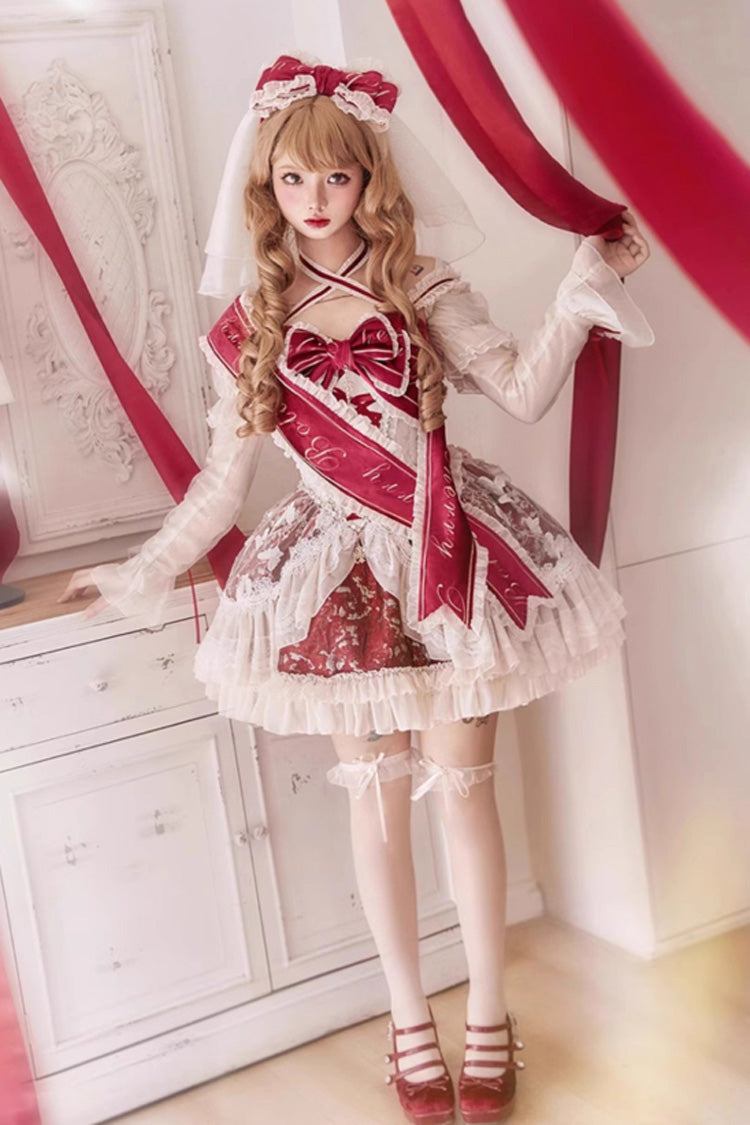 Red Lilibet Print Ruffle Cardigan Bowknot Lace Fishbone Sweet Lolita Dress