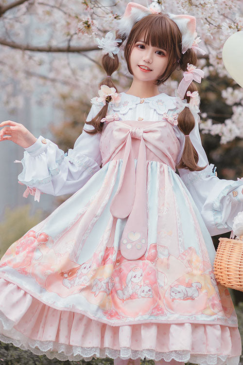 Pink Dog Donuts Print Bowknot Ruffled Sweet Lolita JSK Dress