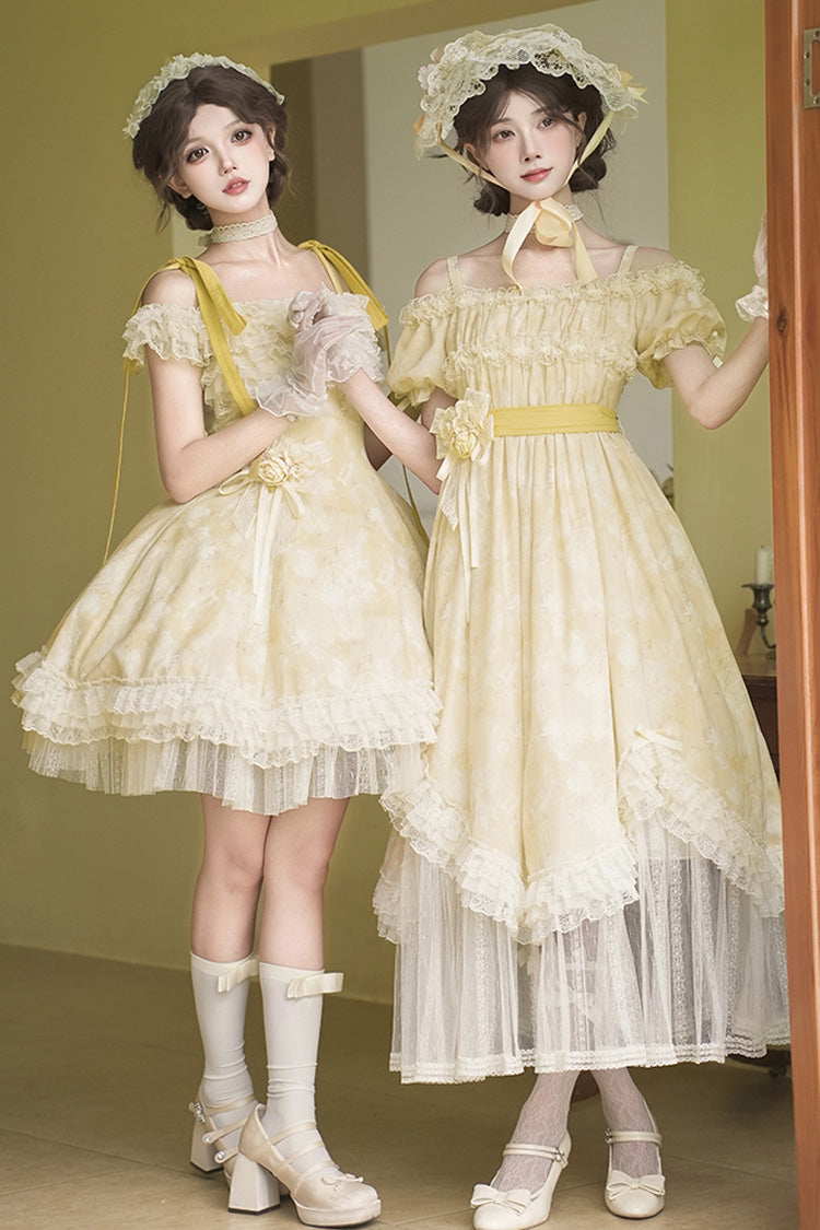 Yellow Falling Flowers as a Message Square Collar Short Sleeves Print Ruffle Lace Sweet Elegant Lolita Long Dress