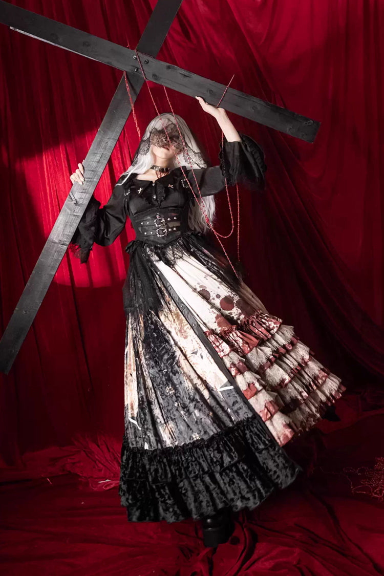 Heretical Nun Sleeveless Multi-Layered Printed Ruffled Open-Front Gothic Plus Size Lolita Strap Dress Long Version 2 Colors