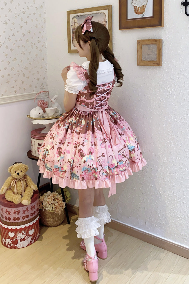Pink Bunny Tea Party Sleeveless Print Ruffle Bowknot Daily Sweet Lolita Jsk Dress