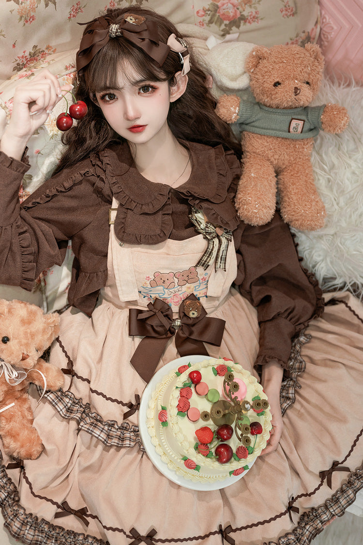 Khaki Cute Bear Embroidery Print Sleeveless Double-Layered Ruffle Bowknot Sweet Lolita Jsk Dress