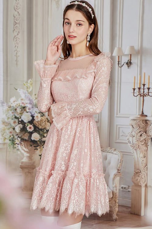 Pink Vintage Lace Round Collar Flower Embroidery Trumpet Sleeves Irregular Hem Sweet Lolita OP Dress