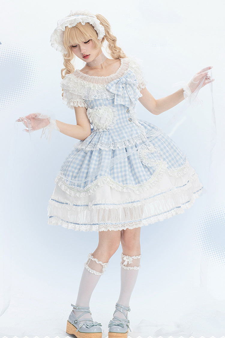 Blue Tea Break Sweetheart Short Sleeves Multi-Layered Plaid Print Ruffle Sweet Lolita Dress