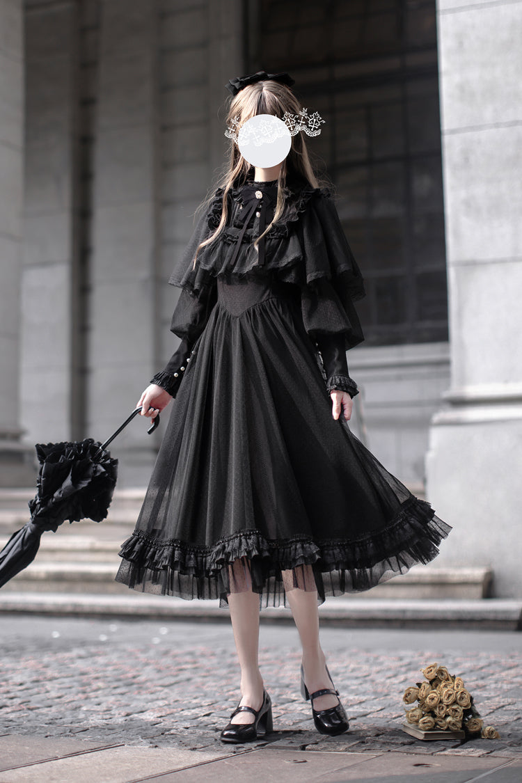 Black Enchanted Nightdream Long Sleeves Bowknot Lace Gothic Elegant Lolita Dress